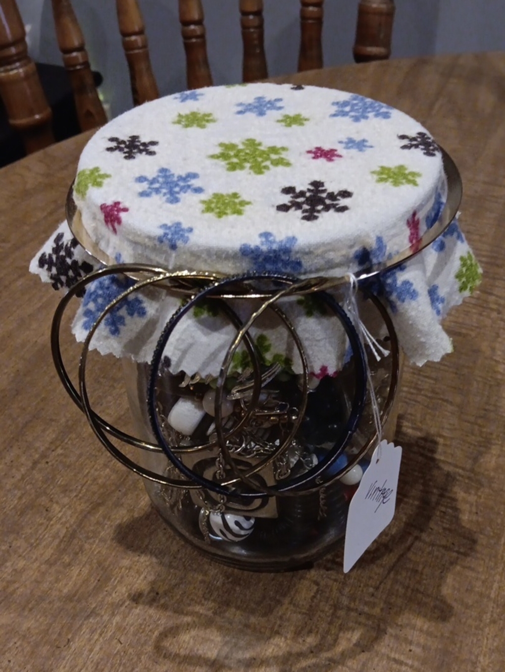 Vintage Jewelry Jar with Snowflake Fabric Lid - Multicolor
